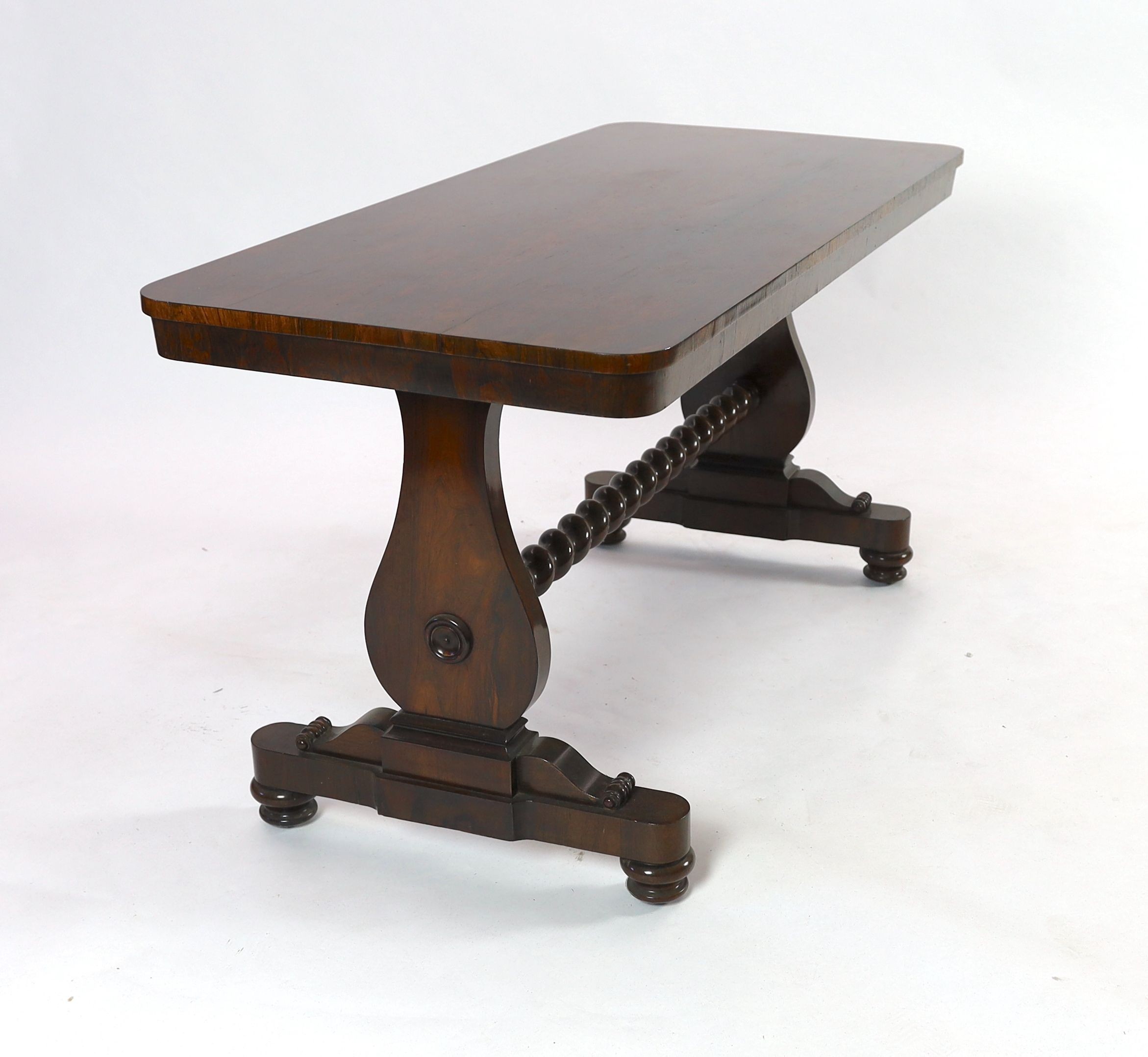 An early Victorian rectangular rosewood centre table, with turned spiral stretcher, width 147cm depth 66cm height 76cm